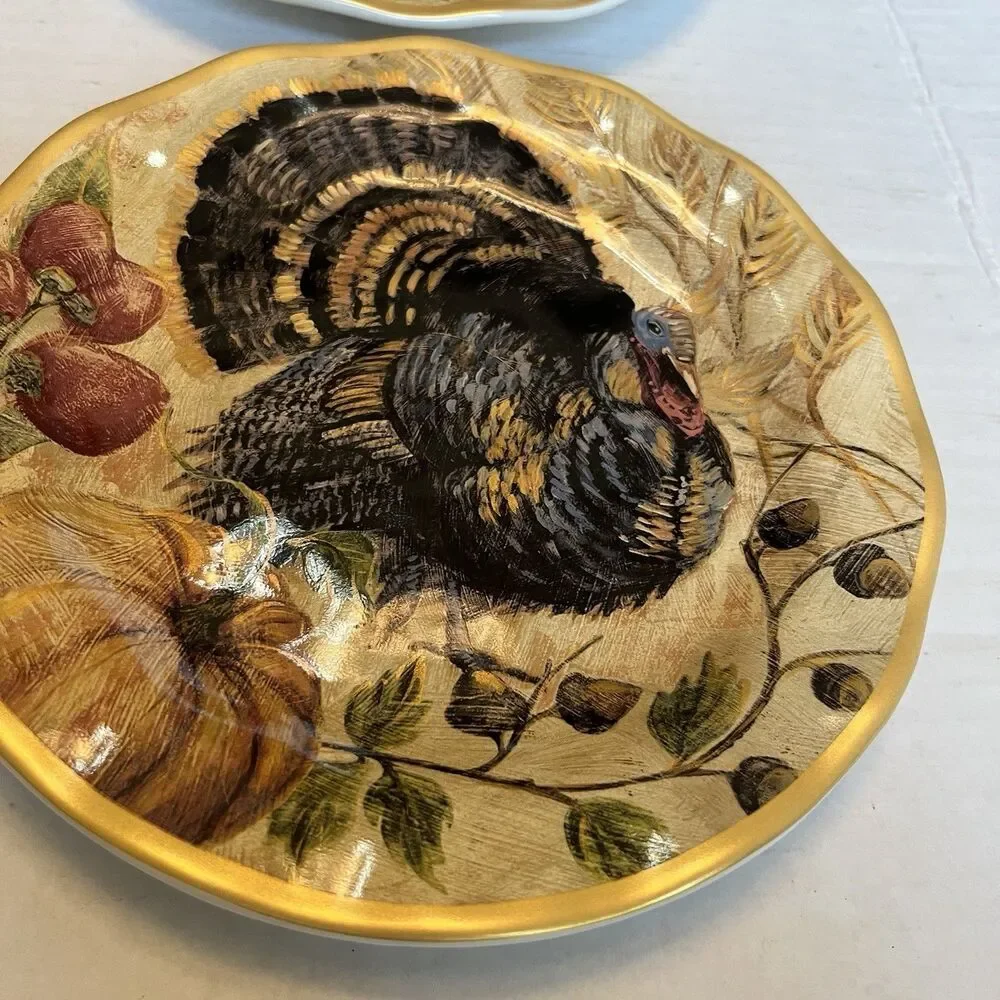 Pottery Barn Fresco Turkey Plates Set Of 4 Salad Plates 9” Turkey Thanksgiving